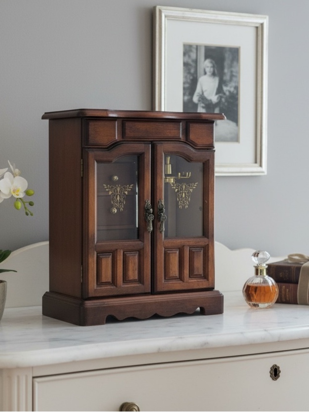 Vintage Style Wood Jewelry Armoire in Rich Dark Brown